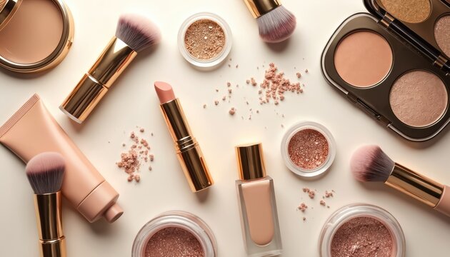 Elegant flat lay of makeup essentials. Soft brushes, liquid foundations, compact powders, lipsticks, glitter palettes arranged on light background. Beauty tools for pro application. Cosmetic products