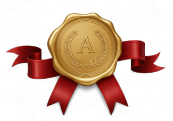 Elegant golden seal with red ribbons, symbolizing excellence and achievement, perfect for awards, certificates, and high-quality branding, conveying luxury and distinction, ideal for premium designs