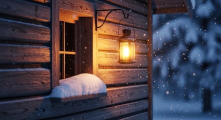 Cozy winter cabin window glows warmly with lantern light during a gentle snowfall, perfect for holiday promotions or heartwarming seasonal designs