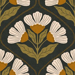 Vintage Bloom Crest Seamless Pattern. Stylized retro florals form an elegant crest pattern with warm earthy tones and boho charm.