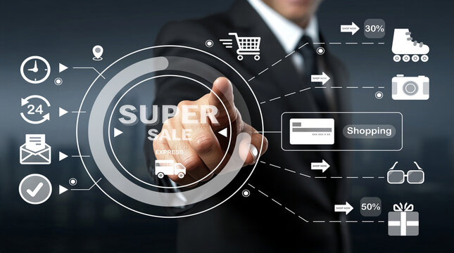 Modern businessman interacting with digital interfaces showcasing shopping cart, discounts, and online sale concepts for e-commerce and retail environments