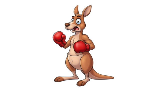 Scared cartoon kangaroo wearing boxing gloves isolated PNG with Transparent Background