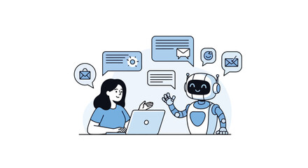 AI Collaboration Woman and Robot working together online. Digital Assistant for Communication