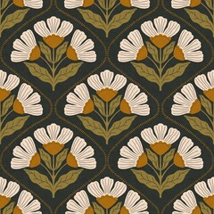 Vintage Bloom Crest Small Seamless Pattern. Stylized retro florals form an elegant crest pattern with warm earthy tones and boho charm.