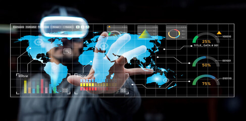 Man Using Virtual Reality Headset Interacting with Digital Data Visualizations on a Transparent...