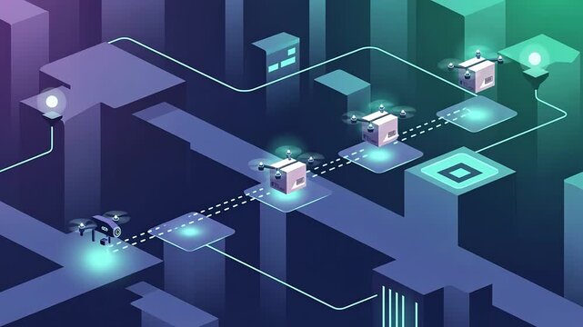 Futuristic Drone Delivery Network in an Isometric Cityscape Animation.