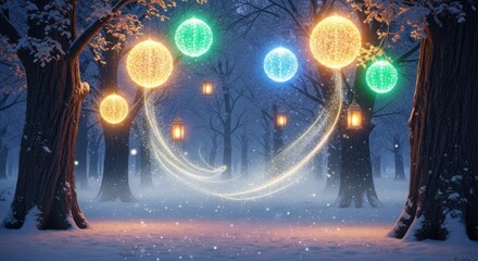 Magical Winter Forest Adorned with Glowing Orbs and Lights