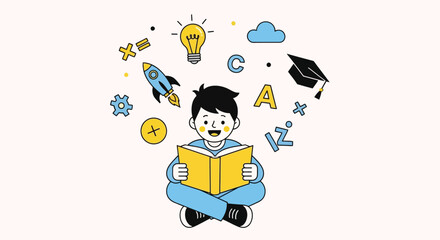 Boy Reading Book With Educational Icons Around Illustrating Learning, Knowledge, and Education Concepts