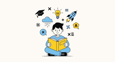 Young Person Immersed in Reading, Surrounded by Symbols of Knowledge and Growth