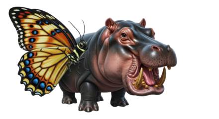 Hippo with butterfly wings illustration isolated PNG with Transparent Background