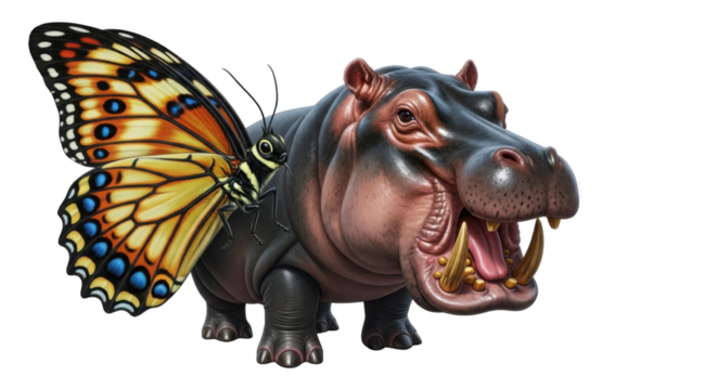 Hippo with butterfly wings illustration isolated PNG with Transparent Background
