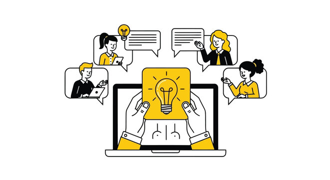 Brainstorming and Collaboration Team Sharing Ideas on a Laptop with Speech Bubbles