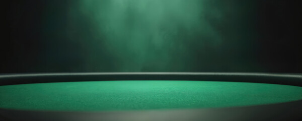 Green poker table with blurred background. It creates a casino atmosphere. Photo for gambling games or card games. Suitable for advertising a poker tournament or casino.