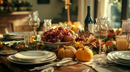 Festive thanksgiving dinner table with seasonal decorations, autumn harvest feast setting