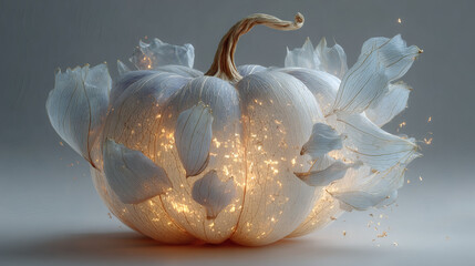 Dusky spectral pumpkin with soft glow and wispy fragments on white