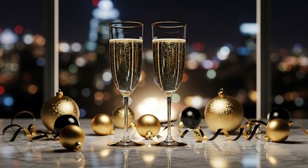 Two champagne glasses with christmas ornaments and city lights in the background at night time scene