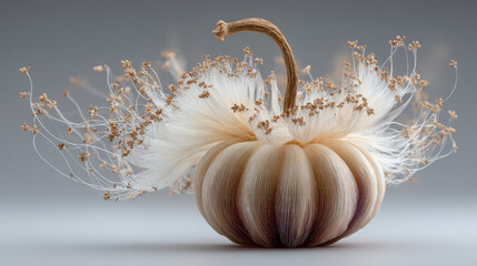 Dusky spectral pumpkin with soft glow and wispy fragments on white