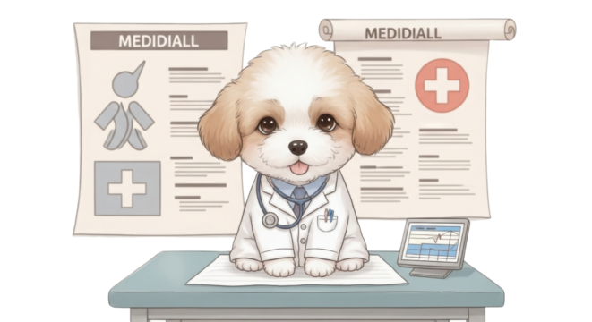 Cute cartoon dog in a doctor's coat at a desk with "MEDIALL" signs isolated PNG with Transparent Background