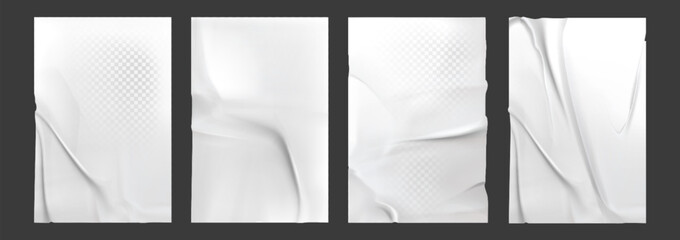 Empty glued paper sheets set on transparent background. Vector realistic illustration of abstract white fabric with wrinkled surface, crumpled blank announcement on wall, cloth crease texture overlay