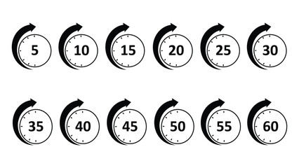 Countdown timer icons set with minute intervals and circular arrows