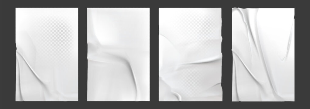 Empty glued paper sheets set on transparent background. Vector realistic illustration of abstract white fabric with wrinkled surface, crumpled blank announcement on wall, cloth crease texture overlay
