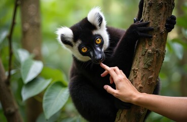 Obraz premium Black and white lemur with yellow eyes climbs on tree branch. Human hand touches its nose gently. Wild animal interacts with person in green jungle habitat.