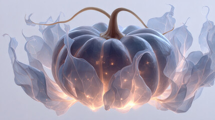 Dusky spectral pumpkin with soft glow and wispy fragments on white
