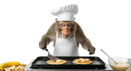 Monkey cooking pancakes with banana slices on griddle isolated PNG with Transparent Background