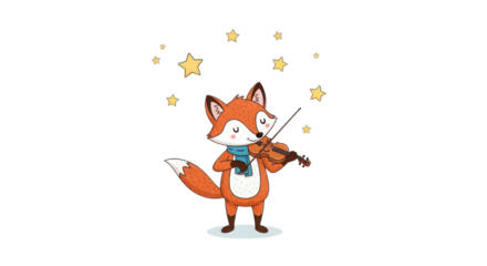 Cartoon fox playing violin surrounded by stars isolated PNG with Transparent Background