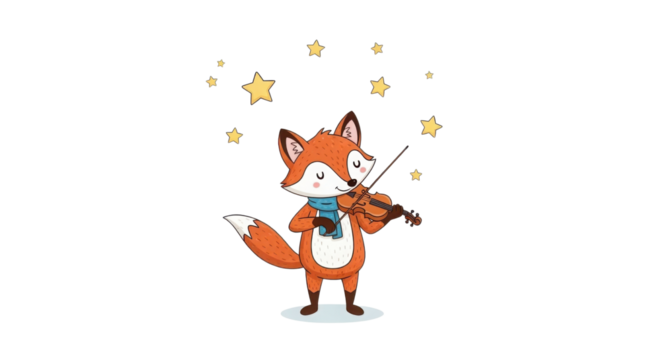 Cartoon fox playing violin surrounded by stars isolated PNG with Transparent Background