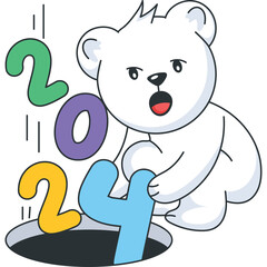 Cute Polar Bear Character Catching Colorful Numbers 2 0 2 4 Falling Into Hole Isolated On White Background Playful Whimsical Cartoon Art Style