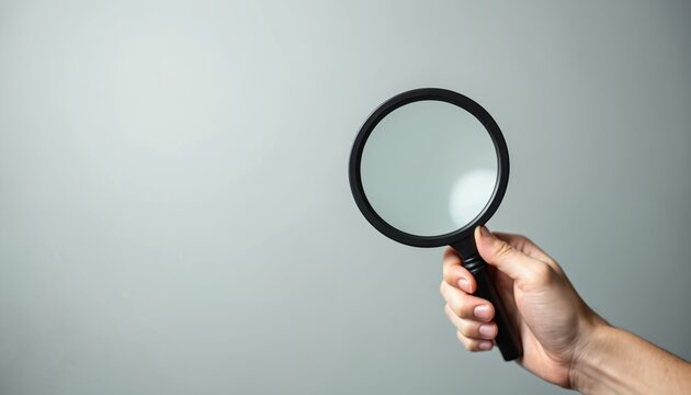 Hand holding magnifying glass on light grey background. Person uses magnifier to inspect research project. Businesswoman studies data with optical lens. Scientific analysis zoom.