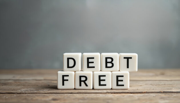 White blocks spell DEBT FREE on wooden table. Represents financial success, no money owed, money management, and achieving goals. Life without financial burden.