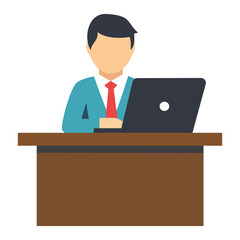 A male office worker or businessman sitting at a desk and working on a laptop, symbolizing corporate jobs and remote work