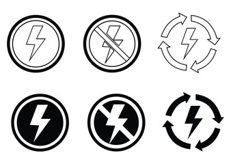 Electric power symbol icons set with prohibition and energy cycle signs