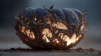Dust-bound pumpkin relic with ash curls and deep cavity glow on white