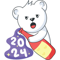 Cute Polar Bear Character Holding a Bottle and a Purple Pouch with 2024 Written on it
