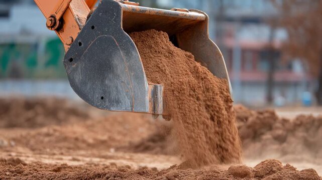 Excavator bucket and bulldozer scoop dumping reddish brown sand dirt earth construction site. heavy machinery motion, dusty industrial scoop action