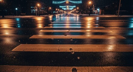 Magical city street glows with holiday spirit and fresh snowfall, footprints mark the crosswalk, creating an urban winter wonderland scene at night
