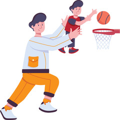 Father And Son Playing Basketball Together Indoors With Orange And White Outfit And White Background