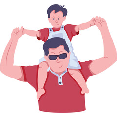 Father Carrying His Son On Shoulders Wearing Red Shirt And Sunglasses With A White Overalls And Red Shirt For The Son Enjoying A Sunny Day Outdoors Together