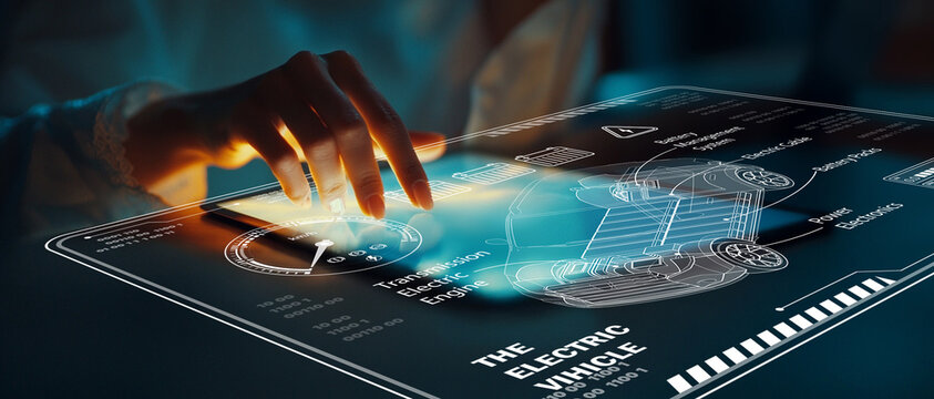 Innovative Touchscreen Interface for Electric Vehicle Technology with Hand Interaction, Displaying Data and Graphics in a Futuristic Environment - Powered by Adobe