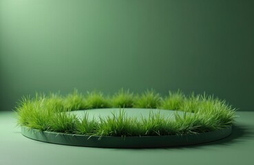 Green round podium with natural grass ring against green backdrop. Minimal eco product presentation template with fresh spring summer vibes. Ideal platform for advertising or marketing concepts.