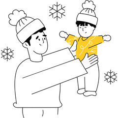 Father holding baby son wearing winter hats and sweaters surrounded by snowflakes on a transparent background in a minimalist style