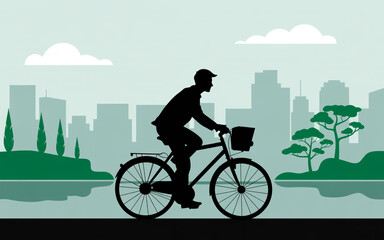 Naklejka premium Man rides a bicycle in the city with buildings and trees in the background