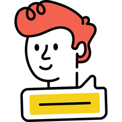 Abstract cartoon illustration of a smiling person with red hair wearing a white shirt and a yellow speech bubble graphic element representing communication or dialogue