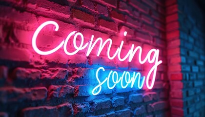 Bright neon sign on a brick wall. Words Coming Soon glow in pink and blue. Modern announcement for shop promotion. Marketing poster visual concept.