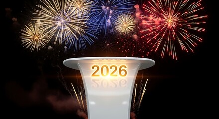 Brightly illuminating fireworks explode in a vibrant night sky above a glowing white pedestal displaying the year 2026 symbolizing new beginnings and celebrations