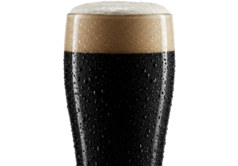 ultra-photorealistic macro shot of intensely cold, condensed dark stout beer glass with creamy foam head, isolated on transparent studio background. Concept for premium advertising