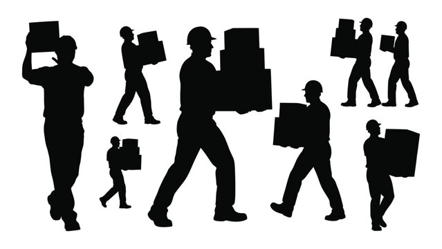 Silhouettes of workers carrying boxes isolated on white background, Vector